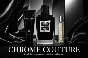 Givenchy Gentleman Society perfume bottle, shower gel, and travel spray in a black gift box.