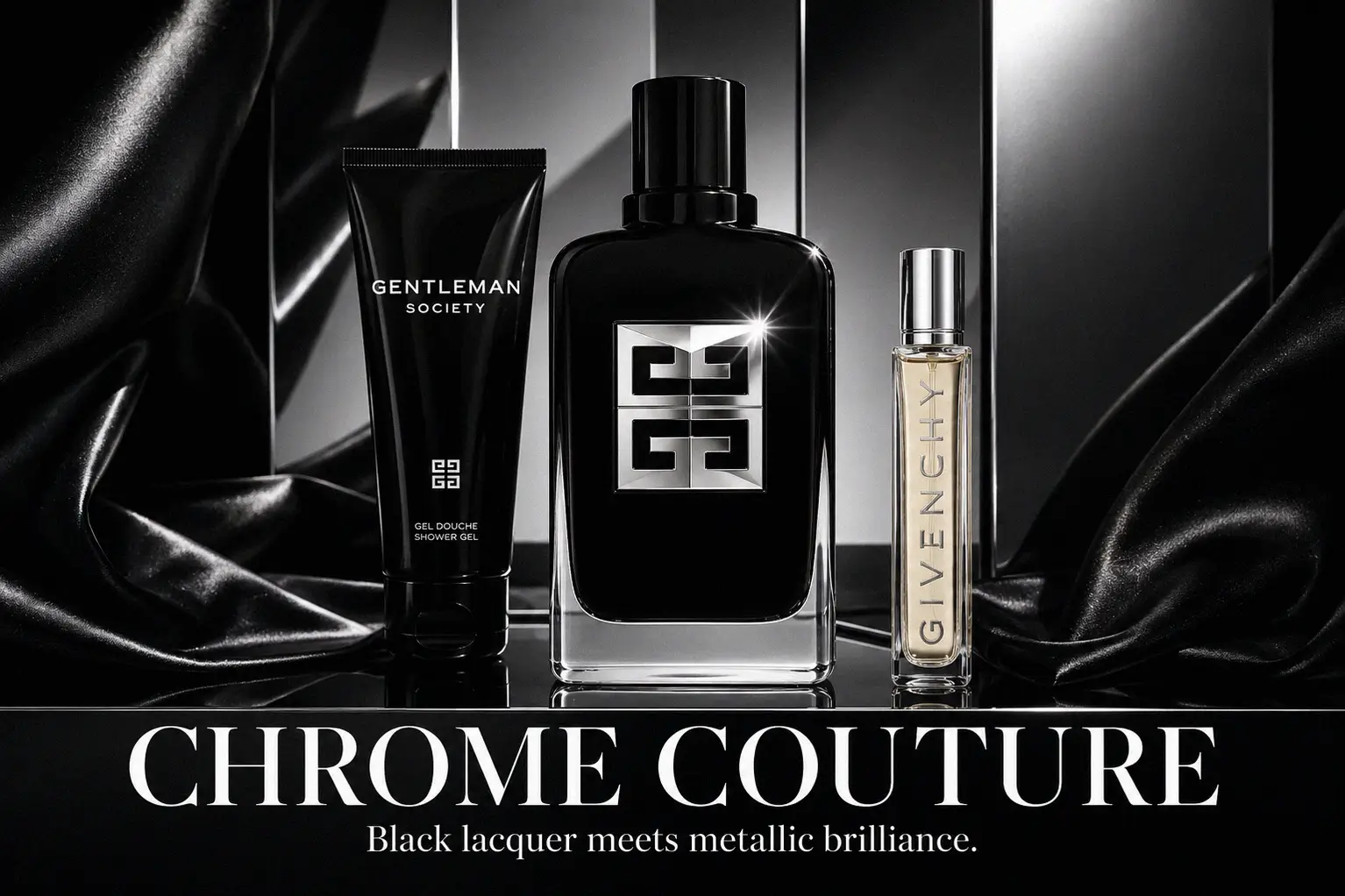Givenchy Gentleman Society perfume bottle, shower gel, and travel spray in a black gift box.
