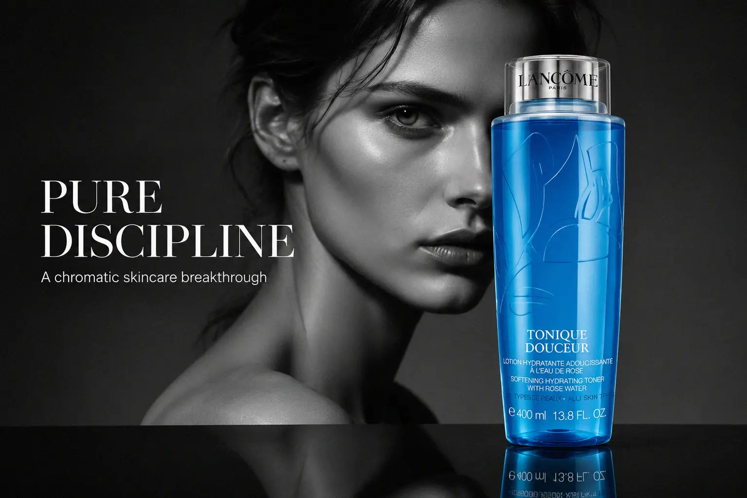 Two large Lancôme cleanser and toner bottles in a luxury skincare set with white and clear packaging.