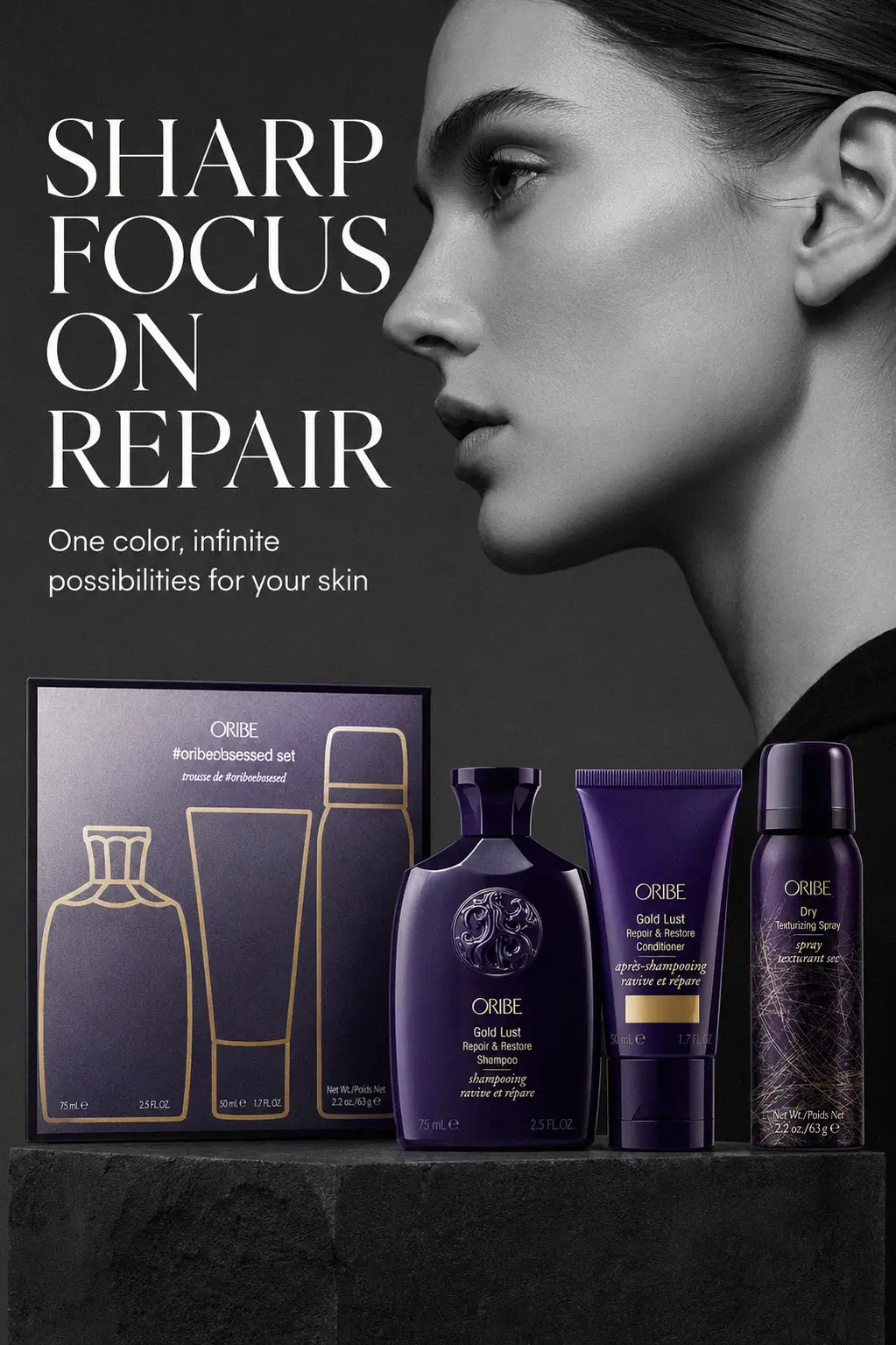 Travel-sized Oribe products in a luxury setting