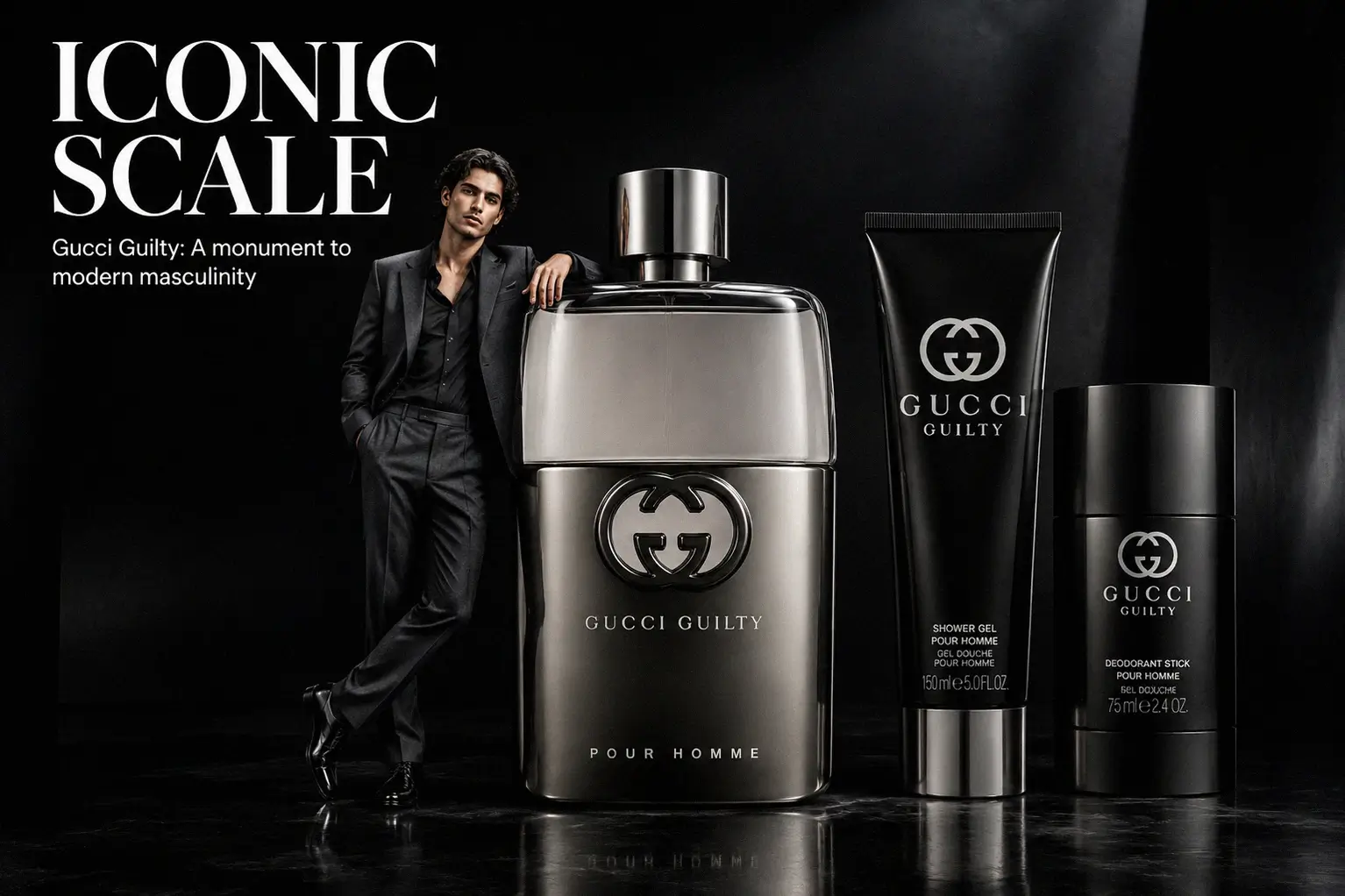Metallic Gucci Guilty bottle with interlocking G logo next to matching grooming products in a gift box.