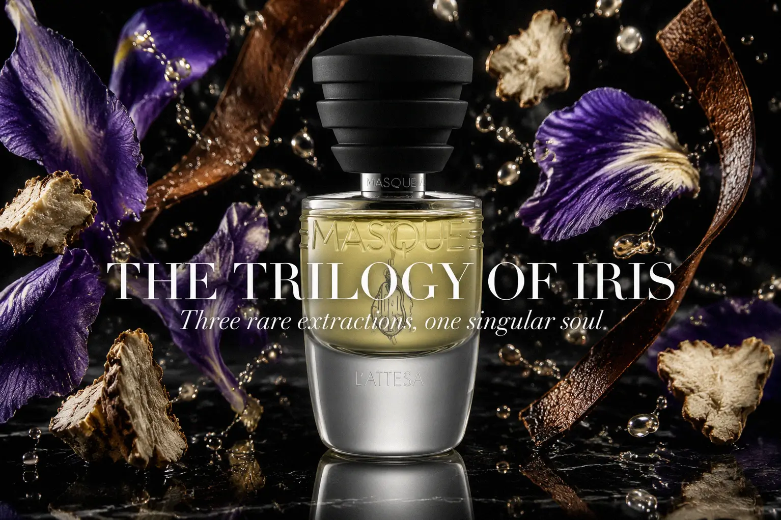 Minimalist glass bottle of Masque Milano L'attesa perfume on a white marble surface with elegant shadows.