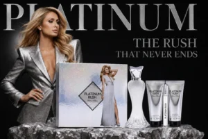 The Paris Hilton Platinum Rush gift set displayed with a large bottle, travel spray, lotion, and shower gel.