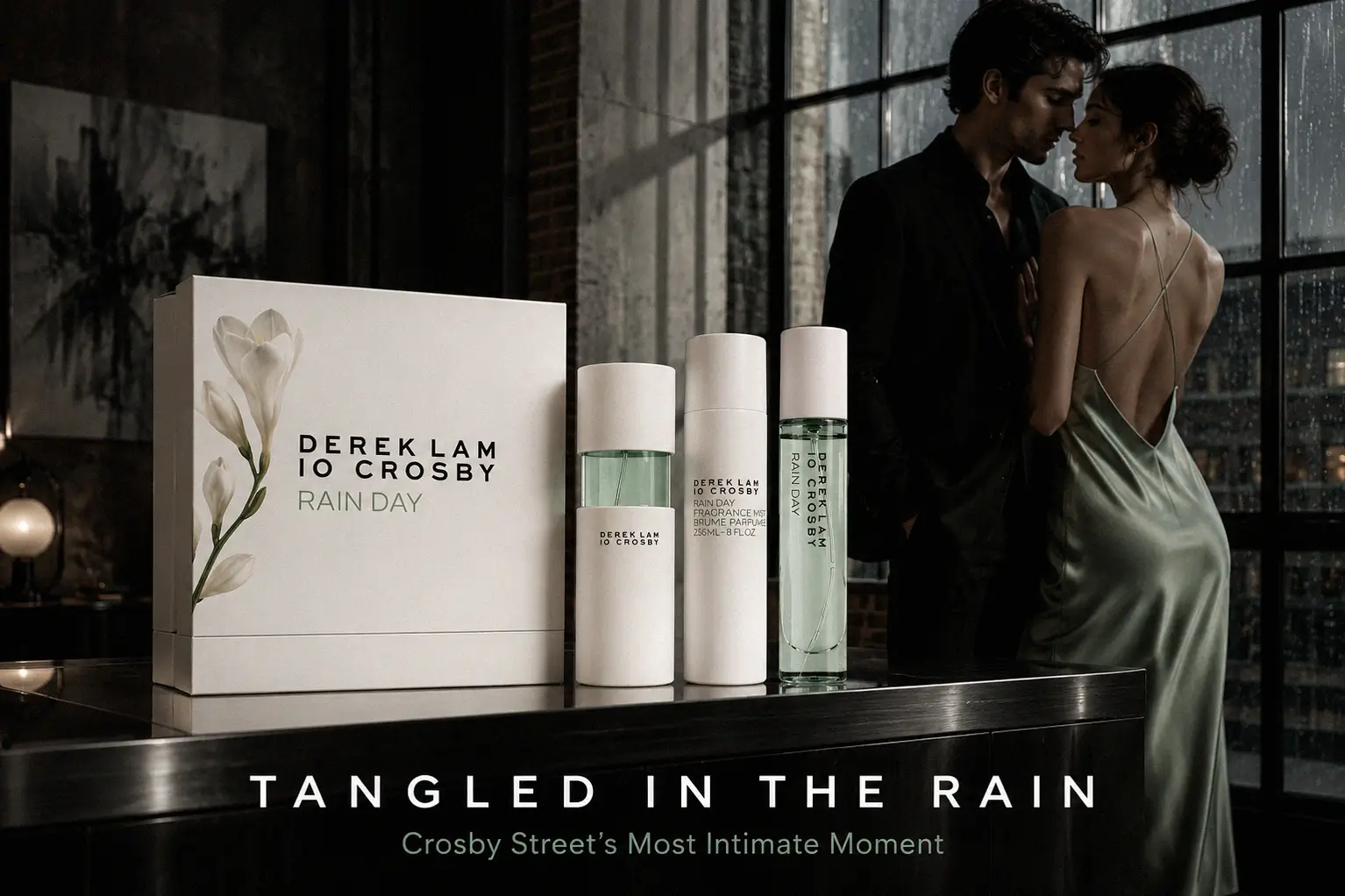 A Derek Lam 10 Crosby Rain Day Spring Gift Set featuring three white bottles of perfume on a clean white surface.