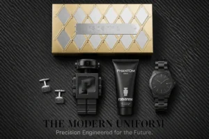 Matte black robot-shaped bottle of Paco Rabanne Phantom Parfum next to a matching scented shower gel.