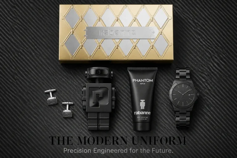 Matte black robot-shaped bottle of Paco Rabanne Phantom Parfum next to a matching scented shower gel.
