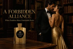 Gold-tone bottle of Atkinsons Oud Save The King perfume with a black tag on a clean surface.