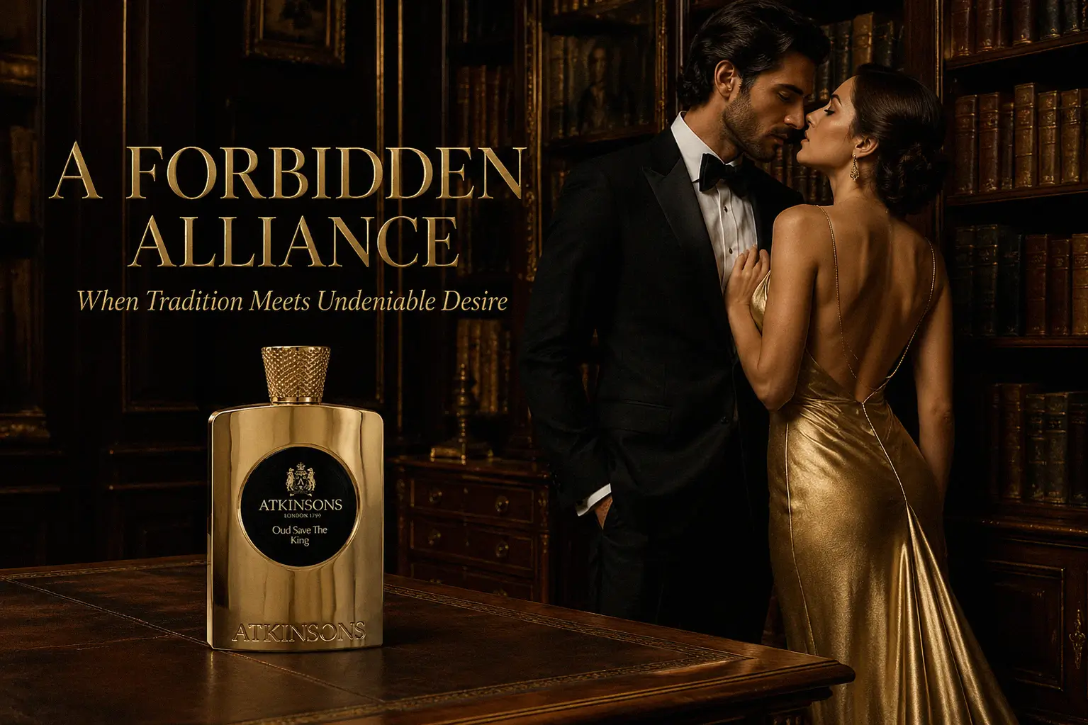 Gold-tone bottle of Atkinsons Oud Save The King perfume with a black tag on a clean surface.