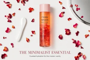 Clear bottle of pink rose water toner with real rose petals floating inside on a white surface.