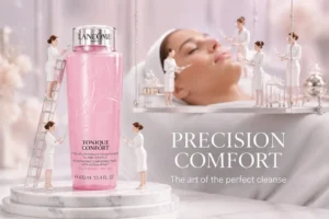 Two large pink Lancôme bottles, a cleansing milk and toner, arranged on a clean white marble surface.