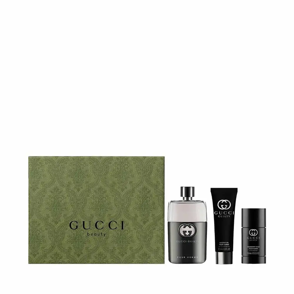 Gucci Guilty Pour Homme Gift Set on a luxury vanity