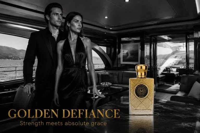 Elegant gold-capped glass perfume bottle of Moresque Royal sitting on a marble vanity with soft floral accents.