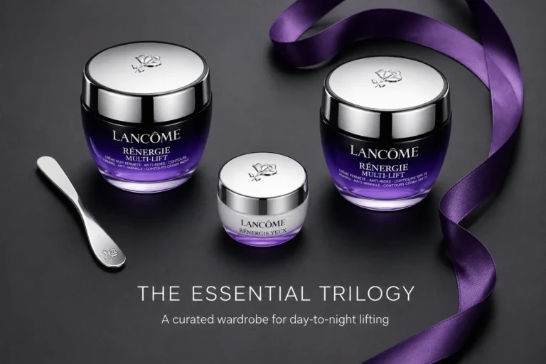 Lancôme Rénergie 3-piece gift set including day, night, and eye creams in elegant jars.