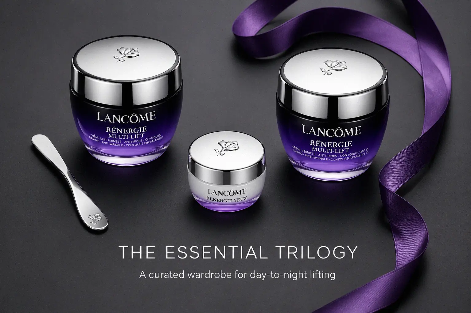 Lancôme Rénergie 3-piece gift set including day, night, and eye creams in elegant jars.