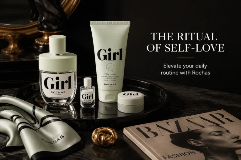 Three Rochas Girl products including perfume, body lotion, and lip balm on a clean, bright background.