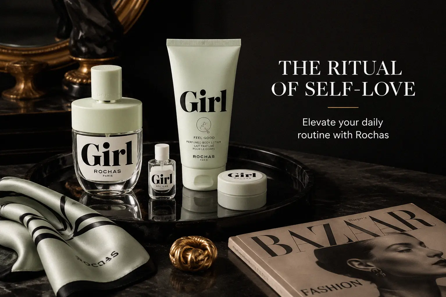 Three Rochas Girl products including perfume, body lotion, and lip balm on a clean, bright background.
