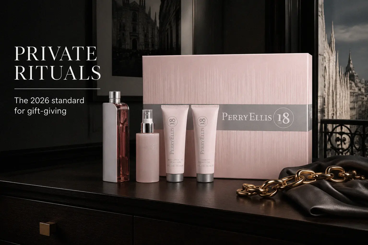 A Perry Ellis 18 Gift Set for Women featuring a large perfume bottle and matching body care products.