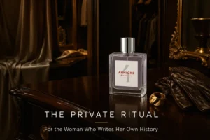 An elegant clear glass bottle of Eight and Bob Annicke 4 perfume on a white marble surface.