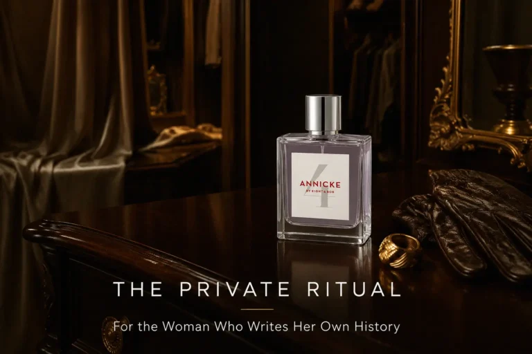 An elegant clear glass bottle of Eight and Bob Annicke 4 perfume on a white marble surface.