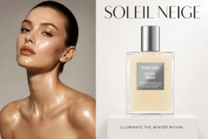 Clear glass bottle of TOM FORD Soleil Neige Body Oil showing suspended platinum leaf shimmer particles.