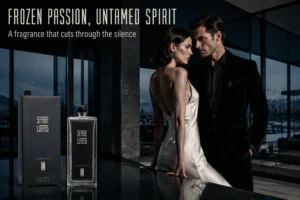A tall, rectangular glass bottle of Serge Lutens Le Perce Vent perfume on a clean vanity surface.