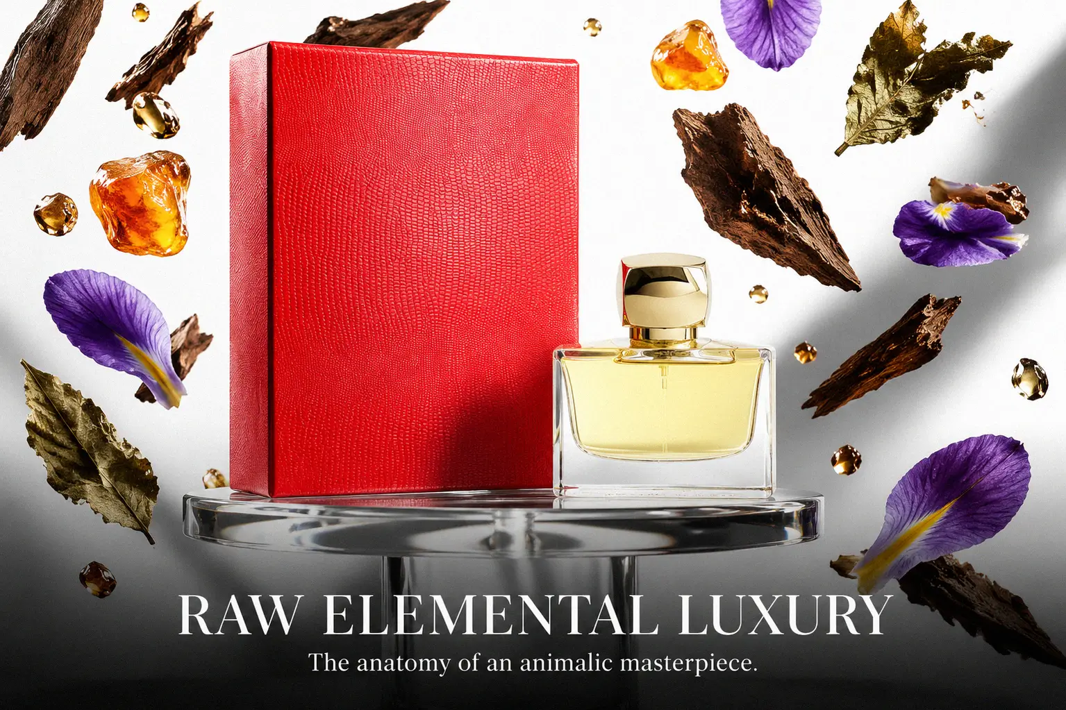 A sleek perfume bottle with black cap and distinctive red sides labeled Jovoy Jus Interdit.