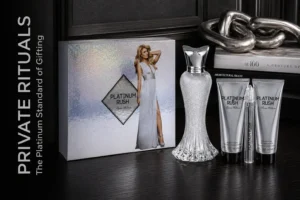 A silver 4-piece fragrance gift set by Paris Hilton featuring a bottle, travel spray, lotion, and shower gel.