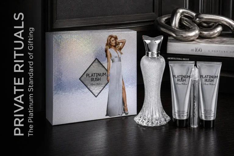 A silver 4-piece fragrance gift set by Paris Hilton featuring a bottle, travel spray, lotion, and shower gel.
