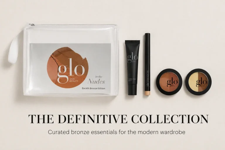 Glo Skin Beauty In the Nudes Gift Set in Backlit Bronze with Shadow Stick and Lip Balm on a white surface.