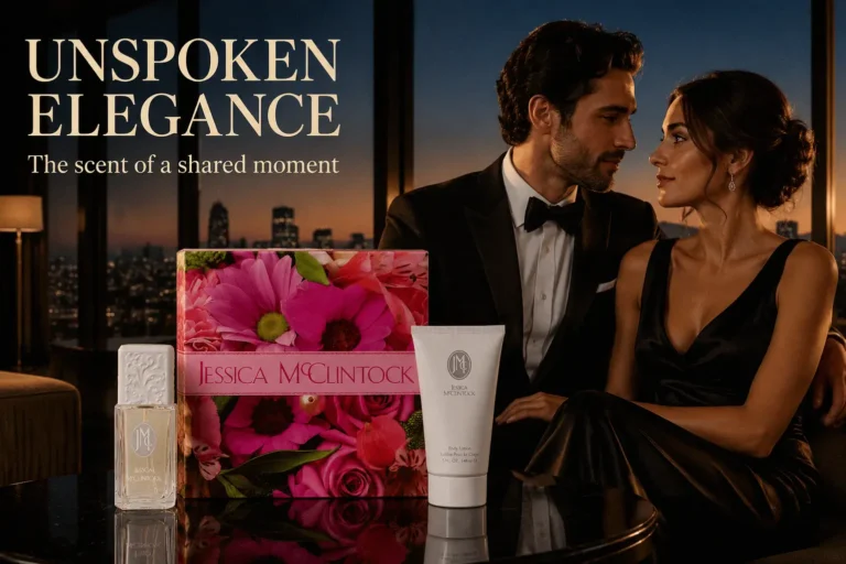 A Jessica McClintock gift set featuring a 3.4 oz perfume spray and 5.0 oz white lotion tube on a clean background.
