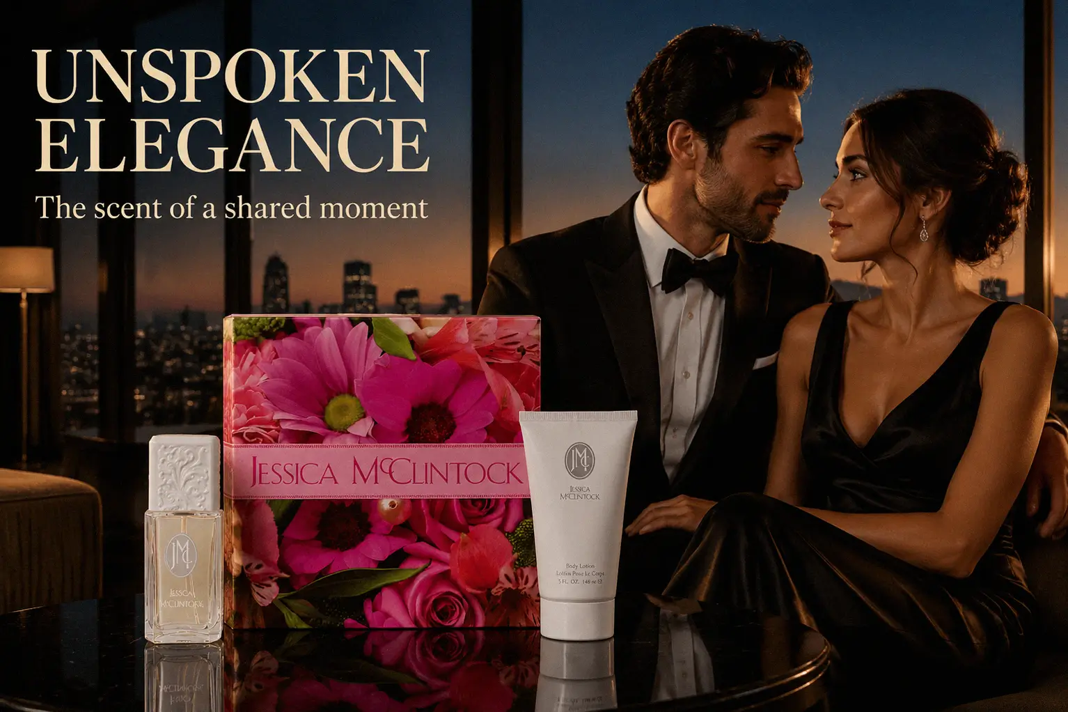 A Jessica McClintock gift set featuring a 3.4 oz perfume spray and 5.0 oz white lotion tube on a clean background.
