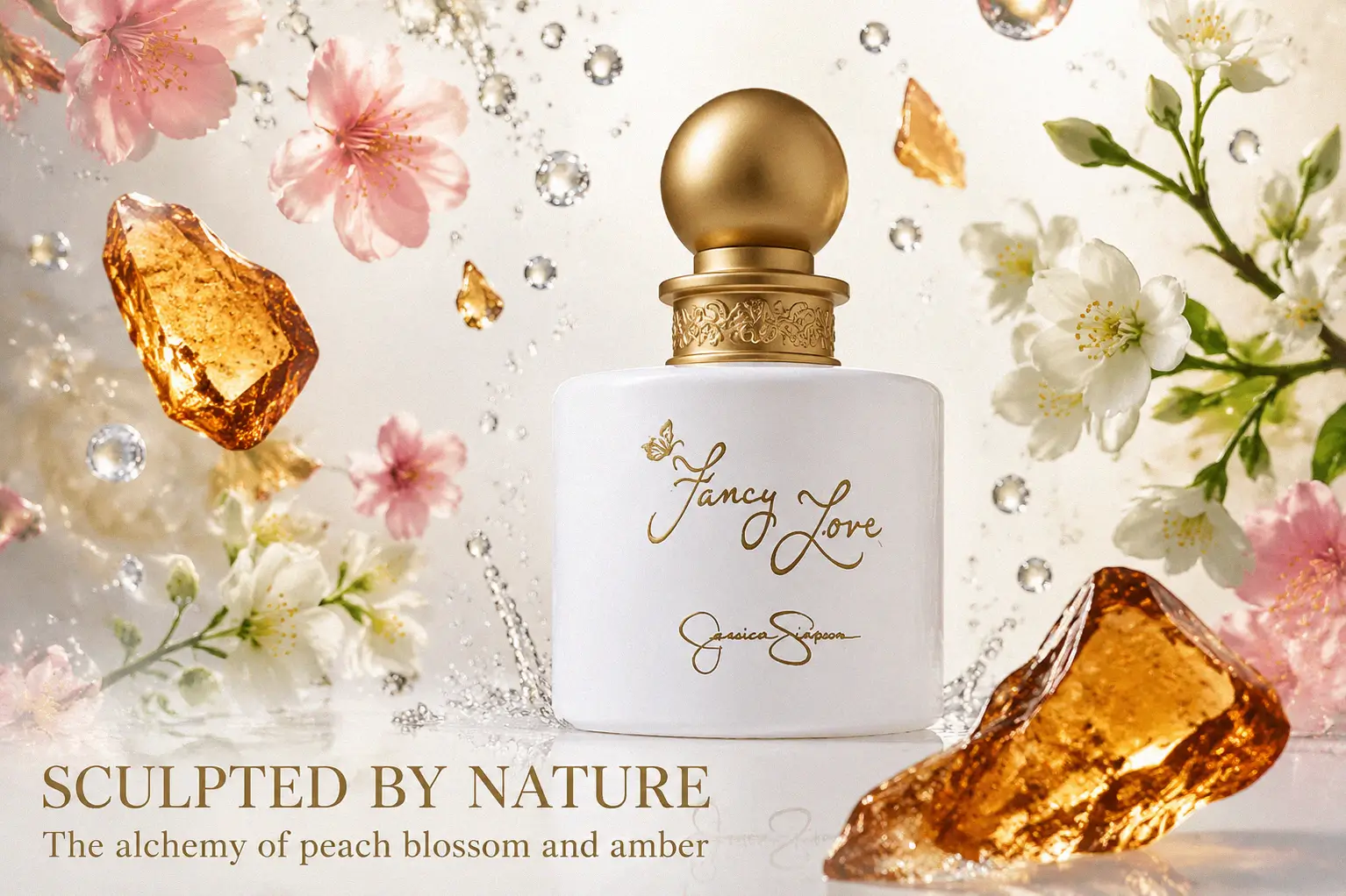 Three-piece Jessica Simpson Fancy Love Gift Set featuring a perfume bottle, body lotion, and shower gel on a white surface.