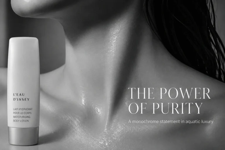 A minimalist white bottle of Issey Miyake L'eau D'issey Moisturising Body Lotion on a clean vanity.