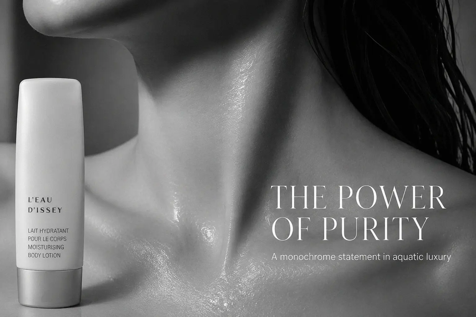 A minimalist white bottle of Issey Miyake L'eau D'issey Moisturising Body Lotion on a clean vanity.