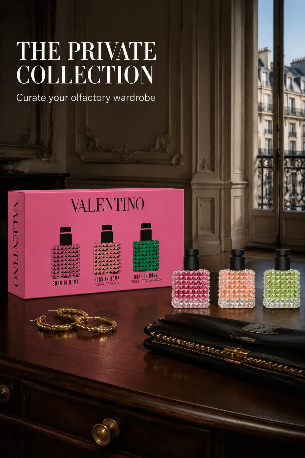 Valentino discovery set packaging in signature pink and black