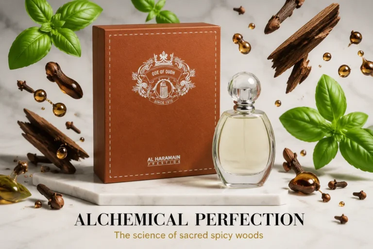 Elegant tall glass perfume bottle with gold accents on a clean, luxury vanity setup.