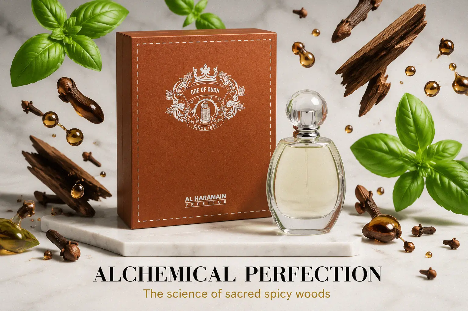 Elegant tall glass perfume bottle with gold accents on a clean, luxury vanity setup.