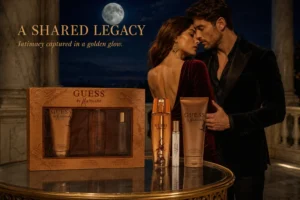 Three-piece Guess By Marciano gift set with a gold bottle, white body lotion tube, and small travel spray.