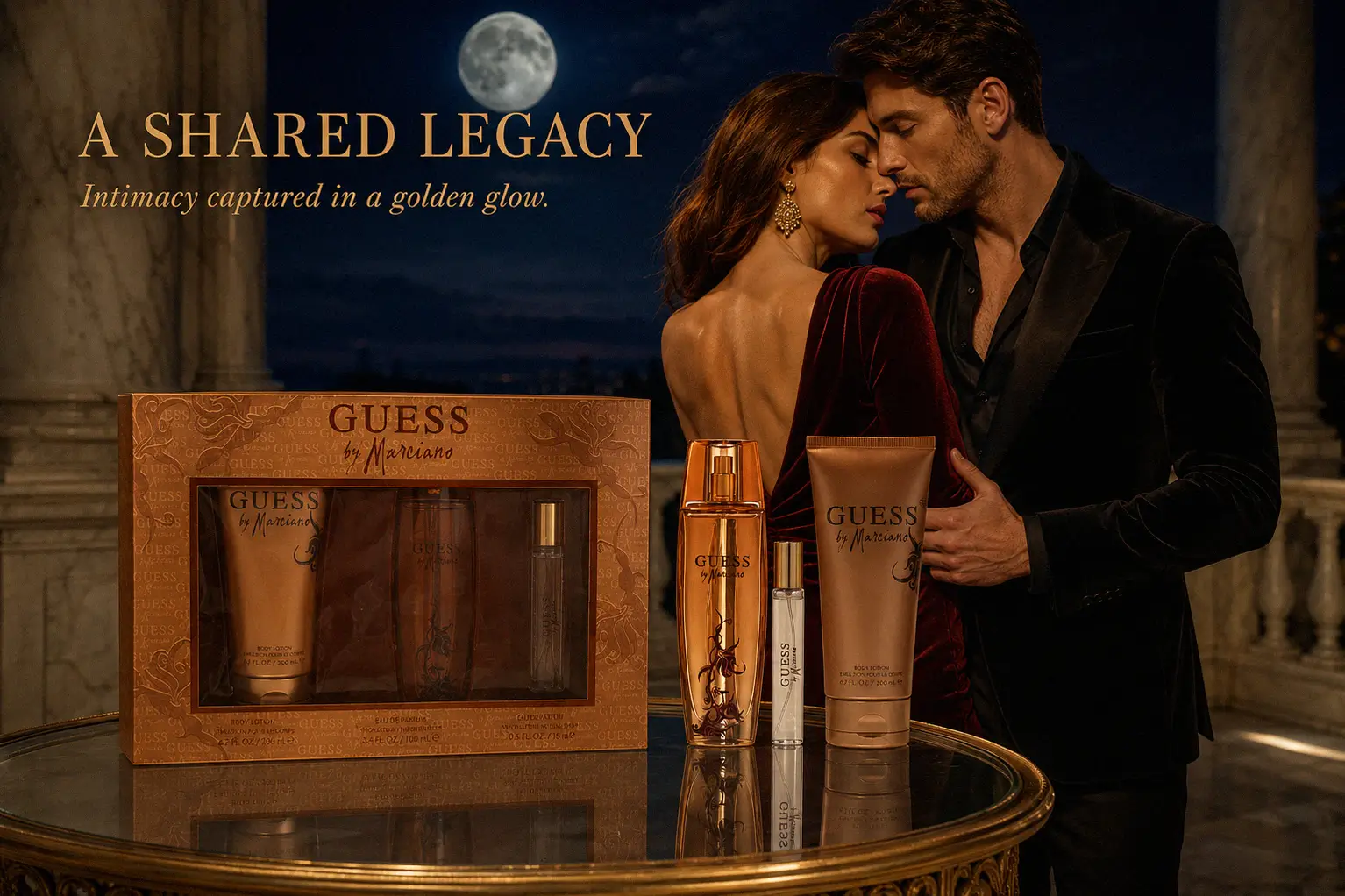 Three-piece Guess By Marciano gift set with a gold bottle, white body lotion tube, and small travel spray.