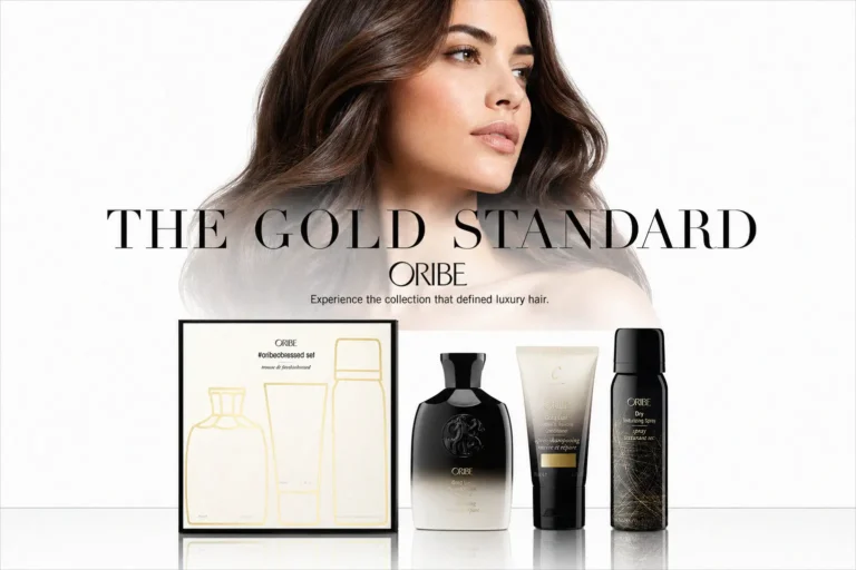 Oribe Obsessed Discovery Set on a marble surface with shampoo, conditioner, and texturizing spray bottles.