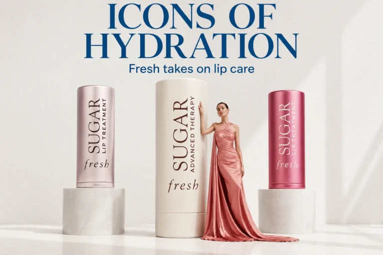 Three Fresh Sugar lip balms in white and metallic packaging arranged on a neutral surface for a clean aesthetic.
