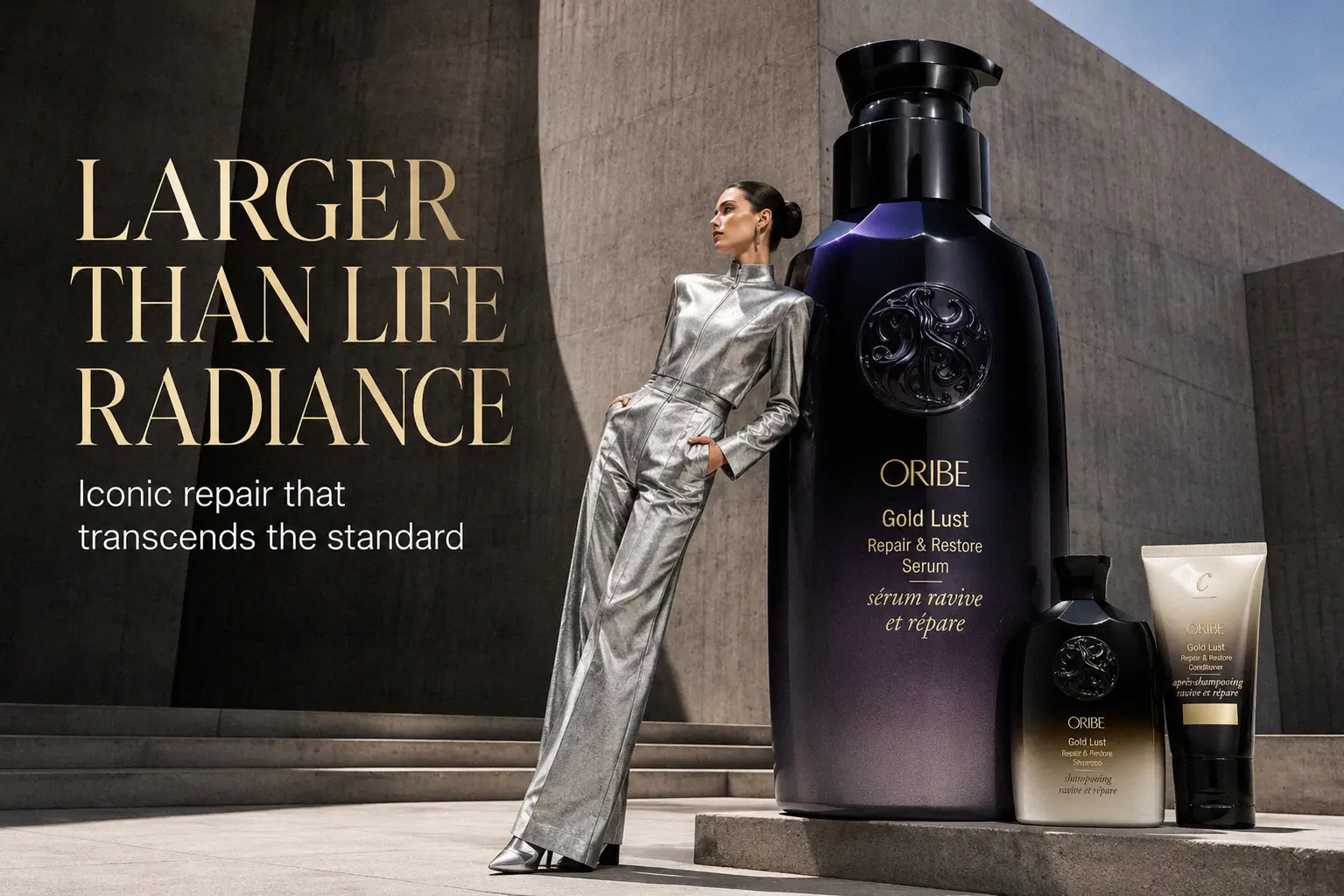 Three Oribe haircare products from the Obsessed Discovery Set arranged on a clean, neutral surface.