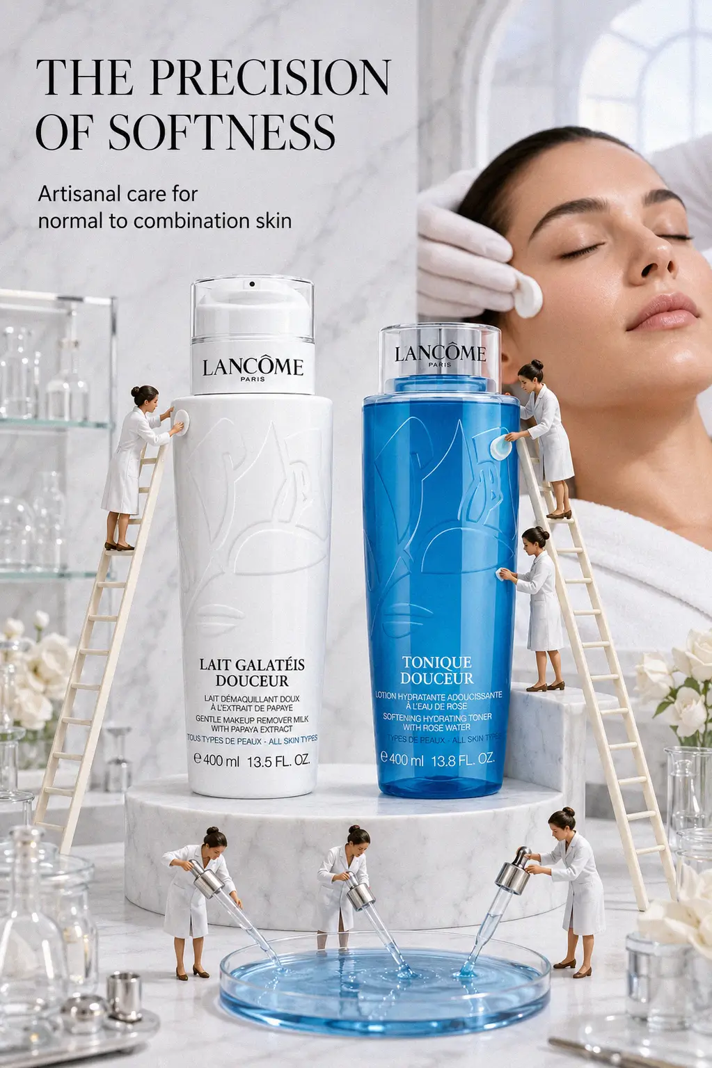 Lancôme cleansing duo on a marble vanity