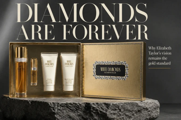 A gold-trimmed white box featuring Elizabeth Taylor White Diamonds perfume bottles and body lotion.
