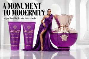 Versace Dylan Purple gift set with purple amphora bottle, body lotion, and shower gel in a premium box.