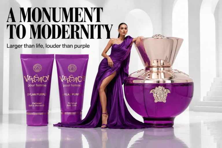 Versace Dylan Purple gift set with purple amphora bottle, body lotion, and shower gel in a premium box.