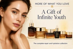 Estee Lauder More of What You Love Coffret featuring six skincare bottles in a gold and blue gift box.