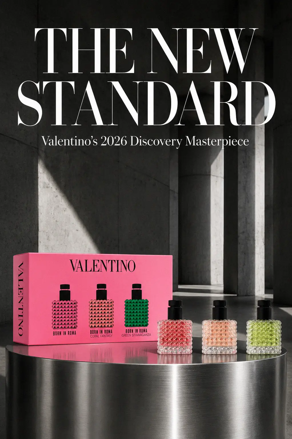 Three miniature Valentino perfume bottles on a marble surface